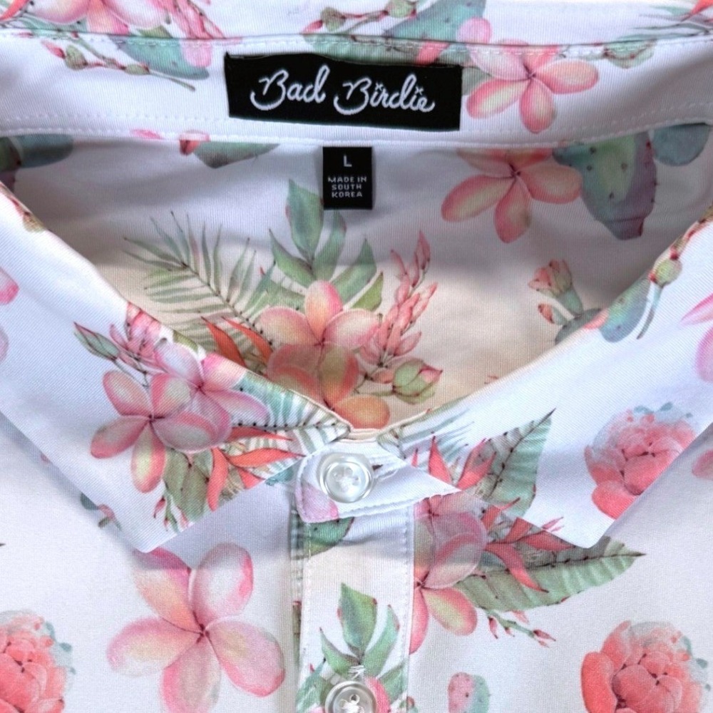 Bad Birdie Mens Cactus Desert Floral Performance Golf Polo Shirt White Pink L - Picture 2 of 8